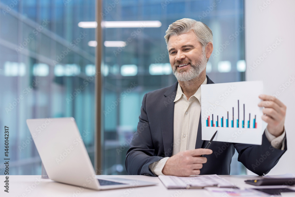 A businessman presents a chart to colleagues, highlighting data and possibly sales or growth trends.