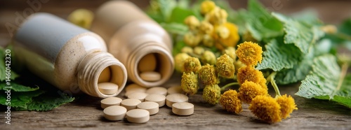 Natural Health Supplements With Herbal Ingredients and Tablets on Wooden Surface