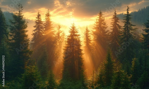 Sun rays pierce through misty mountain forest at sunrise, illuminating tall evergreen trees
