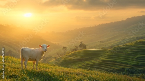 Wallpaper Mural White cow in rice terraces sunrise Torontodigital.ca