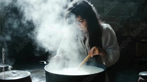 In an old stone kitchen, milk is bubbling in a giant iron pot, steaming heavily. The woman, her long hair covered in steam, is turning the ladle in the milk. 