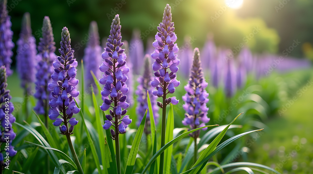 Obraz premium A vibrant display of purple flowers bathed in golden sunlight, creating a serene and picturesque garden scene.