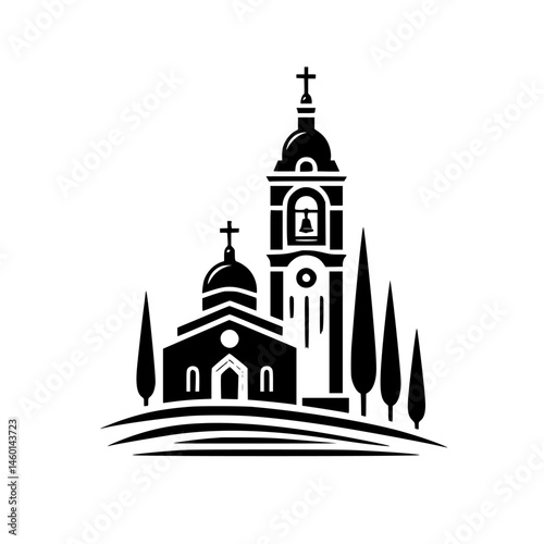 Black & White Church Silhouette with Cypress Trees