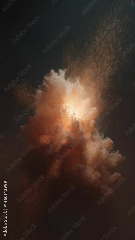 Dramatic burst of explosive smoke with sparks against a dark background, creating a powerful abstract effect with energy and visual impact.