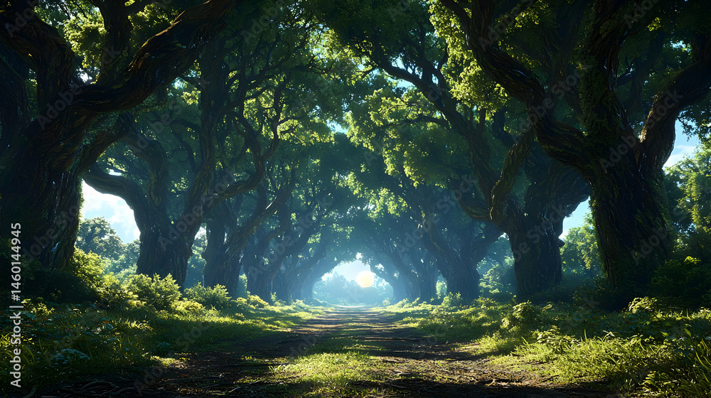 Fototapeta premium Pixelated Forest Path Sunlight Glowing Trees