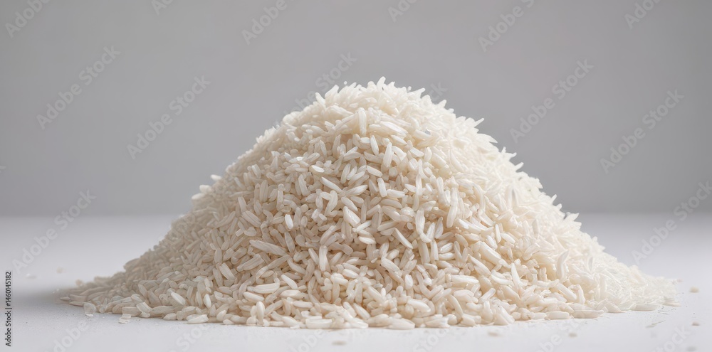 A mound of uncooked white rice against a stark white backdrop , asian food, clean, culinary A mound of uncooked white rice against a stark white backdrop , asian food, clean, culinary