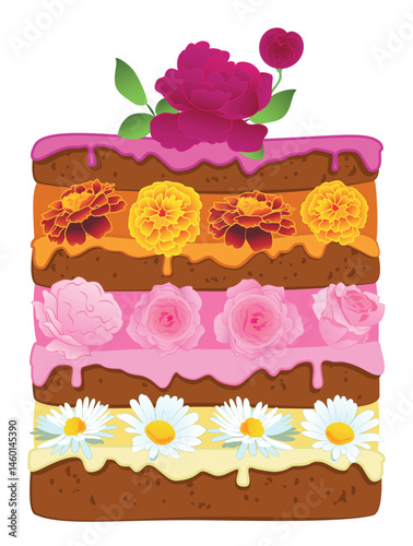 Vector isolated object on white background, illustration, postcard - layered cake with chocolate layers and flower fillings: marigolds, roses, daisies, peonies.