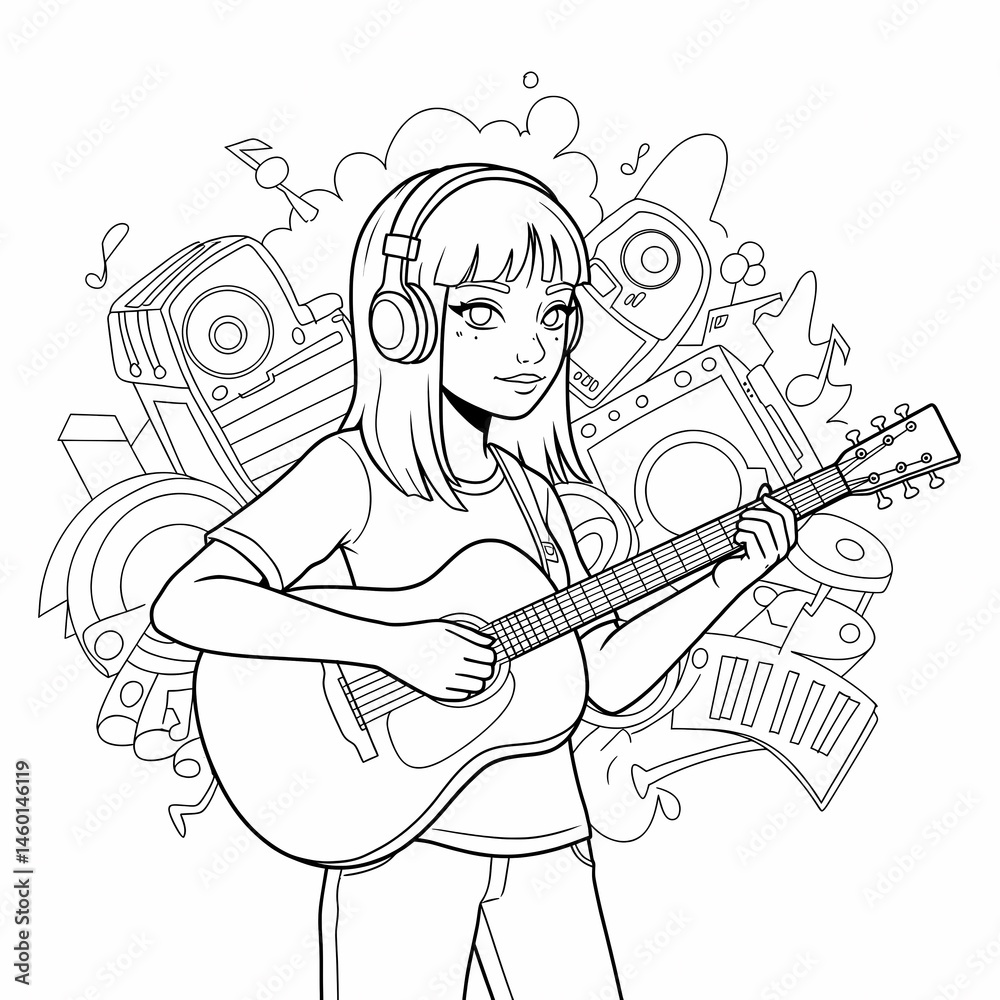 Obraz premium Young Musician Playing Guitar with Headphones in Creative Design