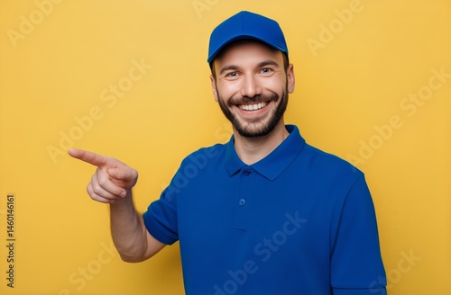 Smiling Man in Blue Cap and Shirt Points at Himself Against a Neutral Background