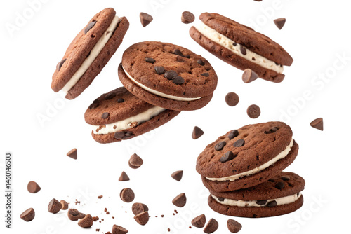 falling Delicious chocolate cookies with cream filling, isolated on transparent background - generated by ai