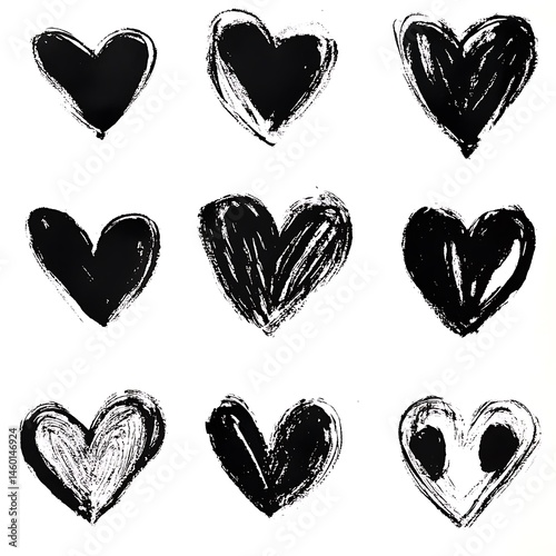Nine Bold Graphic Heart Shapes in Black and White, Expressing Love, Affection, and Artistic Expression.