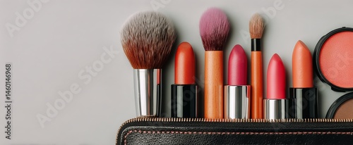 Vibrant Collection of Lipsticks and Makeup Tools Arranged on a Neutral Backgr...