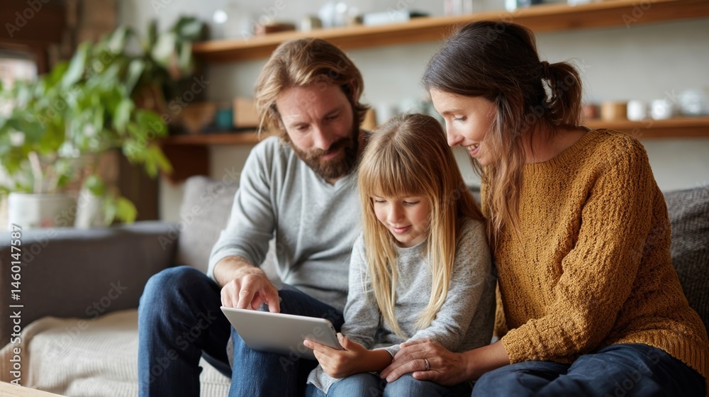 A family sitting on a couch engaging with a budgeting app on a tablet emphasizing the convenience of managing finances and setting savings goals through digital solutions.