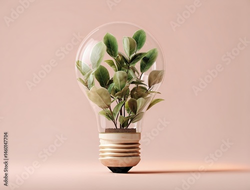 Creative Light Bulb With Green Leaves Symbolizing Eco-Friendly Energy and Sus...