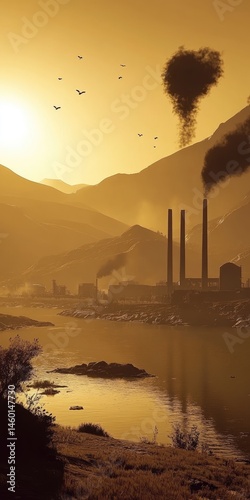 Industrial landscape at sunset, pollution impacting nature