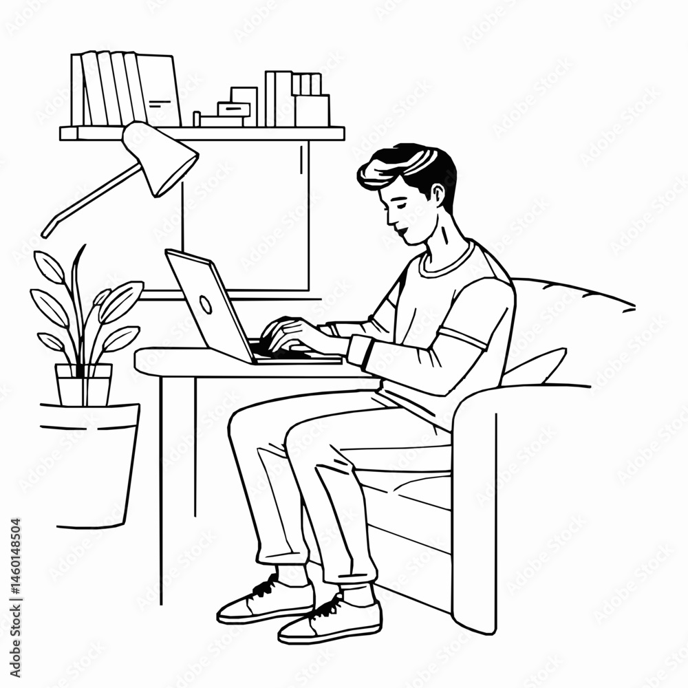 Fototapeta premium Young man working from home on laptop outline illustration