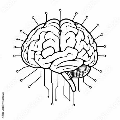 Human brain connected to artificial intelligence system black and white illustration of neural networks for learning process
