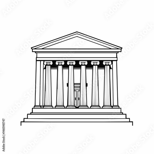 Bank building outline illustration with classic columns and pediment design