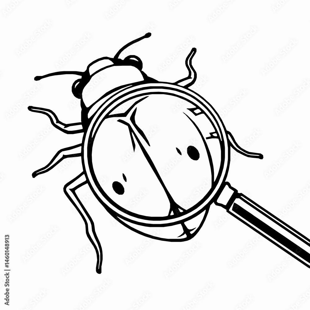 Obraz premium Ladybug under magnifying glass vector illustration black and white outline style detailed insect illustration for education or creative projects
