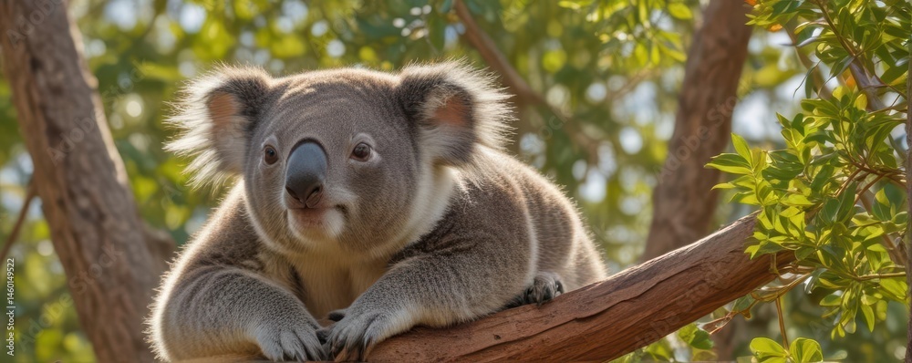 Fototapeta premium Agile koala scaling rough tree trunk, sunlight dappled leaves above, Australian fauna, Australia