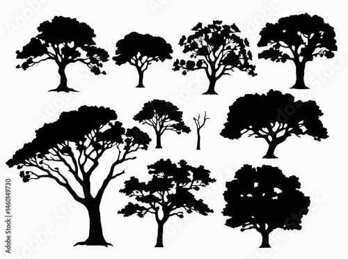 Tree silhouette vector set diverse tree shapes nature elements isolated tree illustrations for design projects graphic resource for landscape and forest concepts