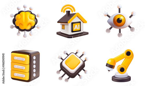 Icons on white for artificial intelligence concept robotic arm, smart home , chip, database, brain, eye search
