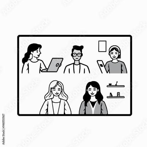 Online meeting with diverse team members black and white illustration