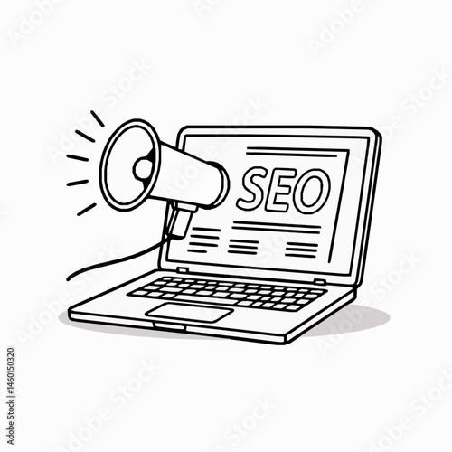 Seo marketing strategy with laptop and megaphone illustration outline style depicting search engine optimization campaign for online business