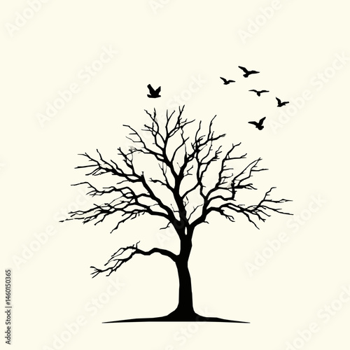 Silhouette of bare tree with flying birds graphic illustration