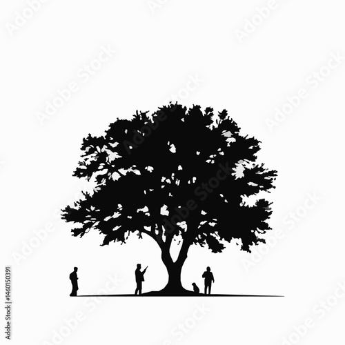 Silhouette illustration of people under a tree with a dog black and white minimalist design tranquil scene nature concept vector graphic outdoor recreation