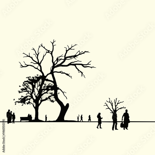 Minimalist park scene with trees and silhouetted people