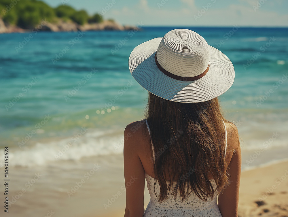 A young woman in a white hat on the background of the sea and the beach. The concept of a summer vacation at sea. A young woman in a white hat on the background of the sea and the beach. The concept of a summer vacation at sea.