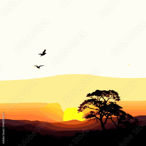 Serene sunset landscape with trees and birds flying vector graphic