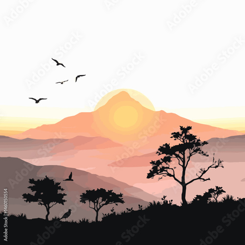 Mountain landscape at sunset with birds and trees silhouette