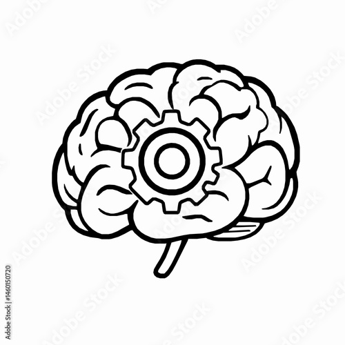 Brain with gear symbol outlined illustration of thinking and innovation