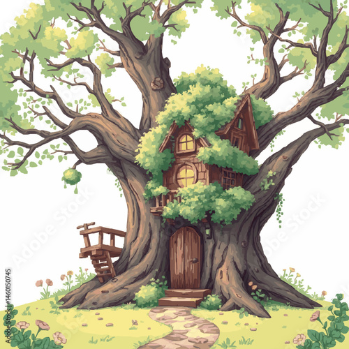 Enchanting treehouse hideaway amidst lush greenery whimsical fantasy scene beautiful oak tree childrens dream world serene landscape outdoor adventure peaceful retreat hand drawn style