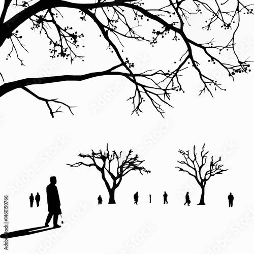 Silhouette illustration of people walking under trees in a winter landscape