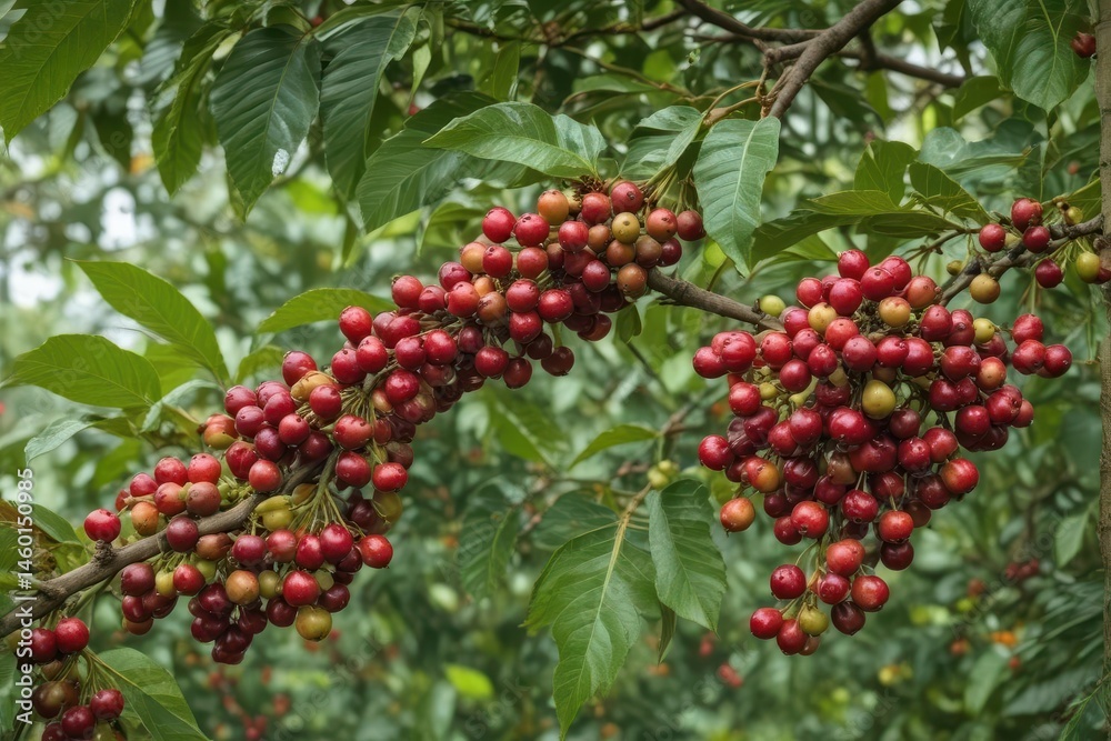Clusters of ripening Arabica coffee cherries on branch, macro, background, coffee farm Clusters of ripening Arabica coffee cherries on branch, macro, background, coffee farm