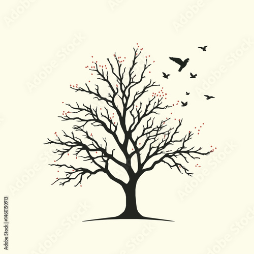 Bare tree with sparse blossoms and flying birds silhouette
