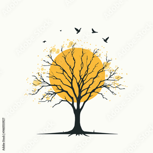 Silhouette tree and flying birds illustration vector nature background tranquil scene graphic art design autumn theme golden light flat style