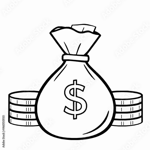 Money bag and coins illustration outline style financial concept drawing of wealth investment and business themes black and white icon