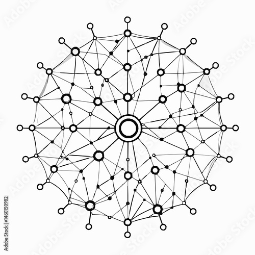 Abstract circular network connection diagram black and white illustration