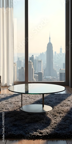 A pristine, empty, glass-topped coffee table with minimalist metal base on a luxurious, velvety, dark gray shag rug in a modern living room setting. The room features floor-to-ceiling, large windows w