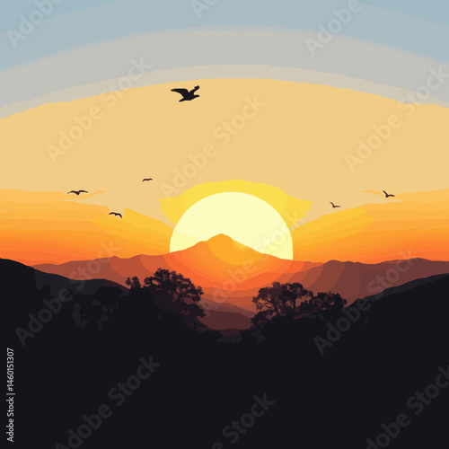 Cherry blossom tree with birds minimalist spring illustration