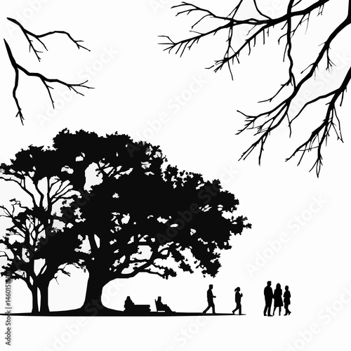 Silhouette of people in the park with large trees and bare branches graphic illustration