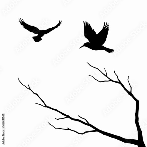 Silhouette birds flying over bare tree branches in minimalist style