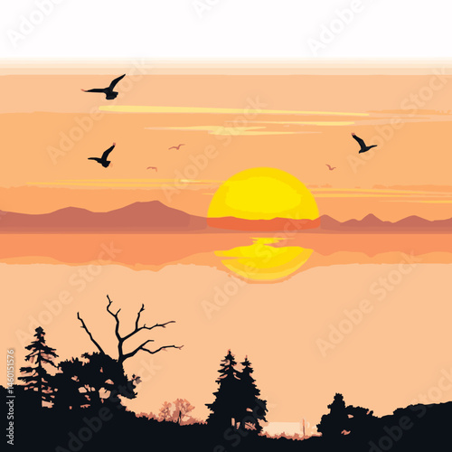 Tranquil sunset landscape with silhouetted trees and birds