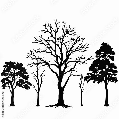Silhouette tree collection black forest trees vector graphics isolated on white background diverse tree shapes for design elements and natural illustrations