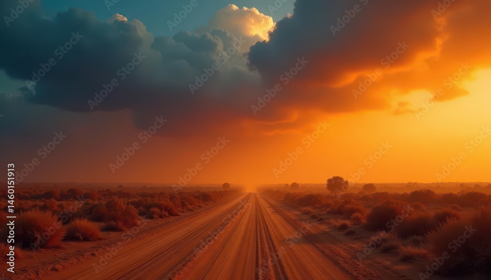 Obraz premium Orange dust storm at twilight, grey clouds loom , desert, weather event