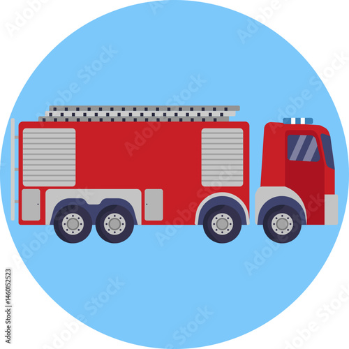 Emergency response vehicle equipped with hoses, ladders, and firefighting tools.